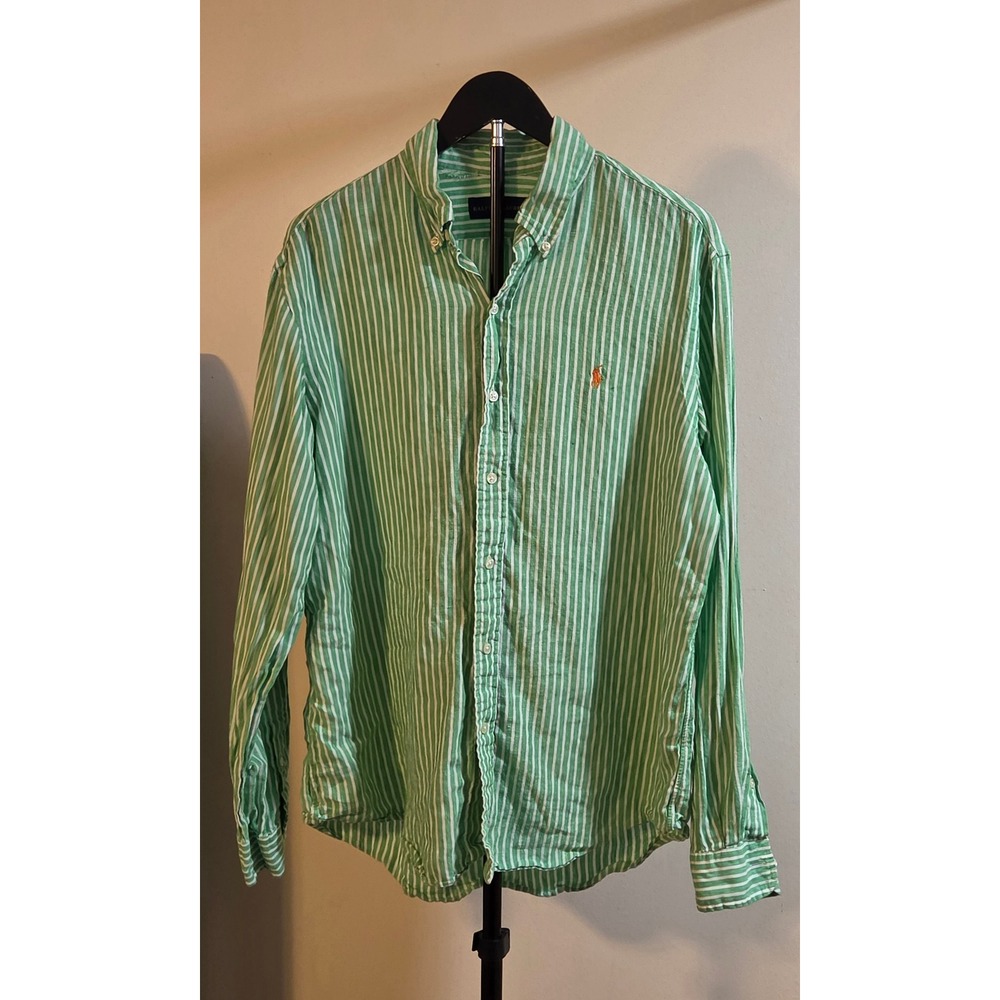 Ralph Lauren Long Sleeve Striped Button Down Shirt Mens Large Green 100% Linen